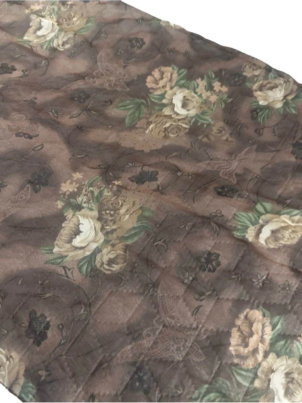 Brown Floral Butterfly Sheer Oblong Scarf Cottagecore Romantic 65x19